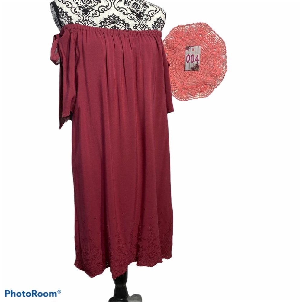 Loft Off the Shoulder Embroidered Hem w/ Ties Wine